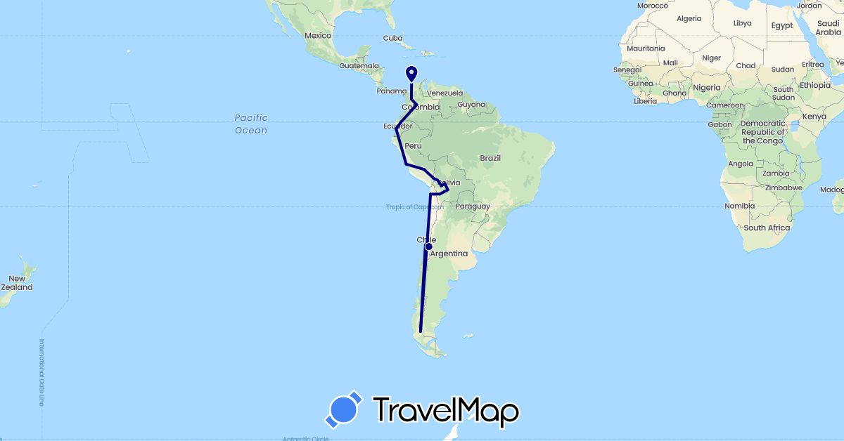 TravelMap itinerary: driving in Bolivia, Chile, Colombia, Ecuador, Peru (South America)